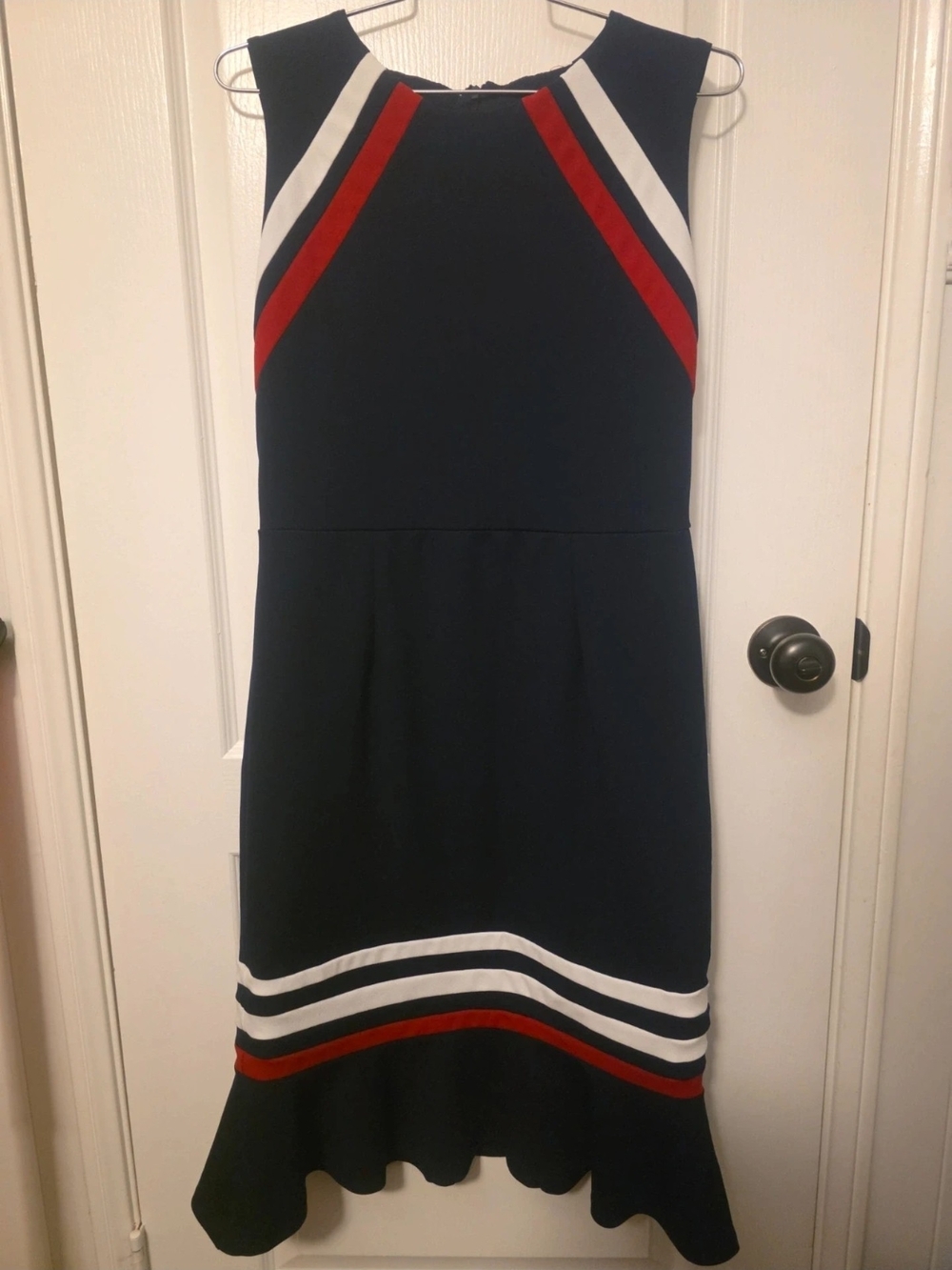 Enfocus Studio Navy Sleeveless Dress with Red & White Stripe Accents